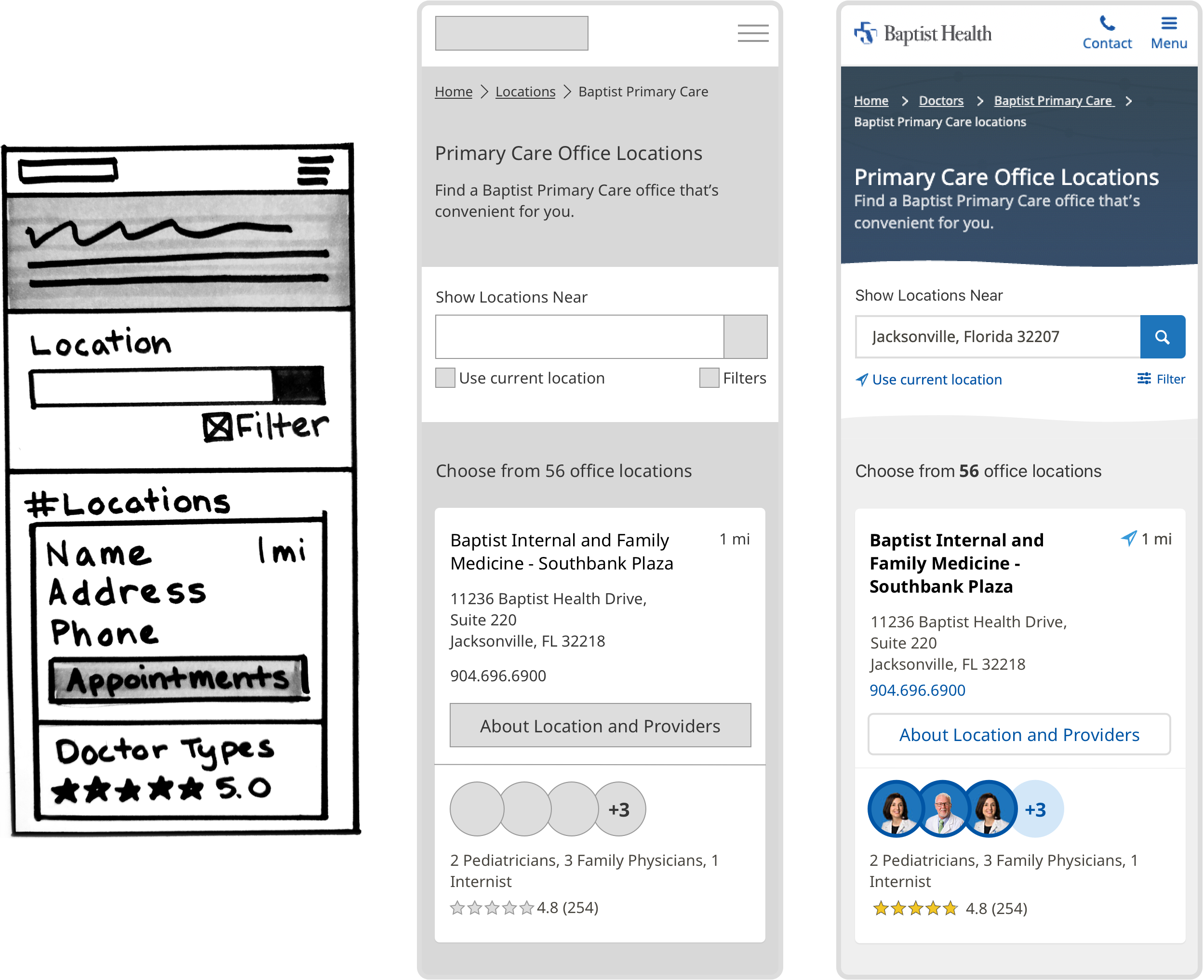 sketches, wireframes, and high fidelity mockups for primary offices page